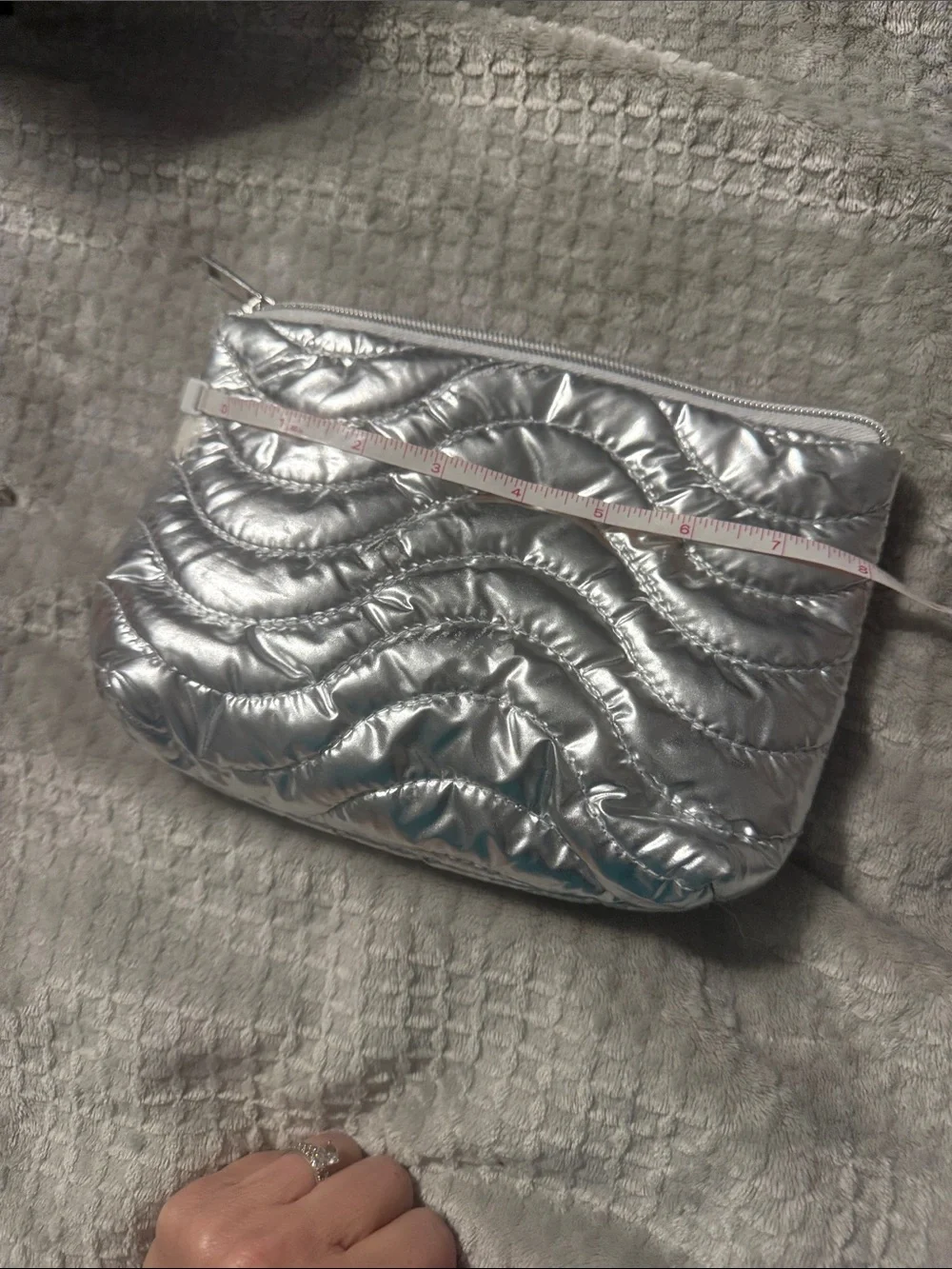 Shiny Quilted Silver Cosmetic Pouch with Top Zip